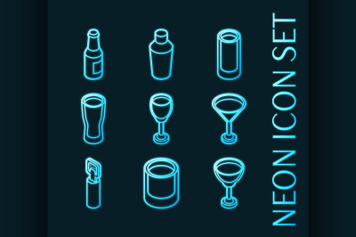 Alcohol set icons. Blue glowing neon style