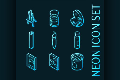 Art set icons. Blue glowing neon style