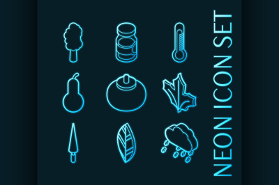 Autumn set icons. Blue glowing neon style.