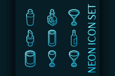 Bar set icons. Blue glowing neon style