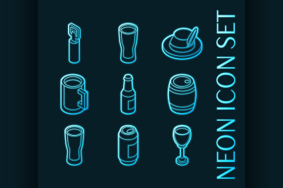 Beer set icons. Blue glowing neon style