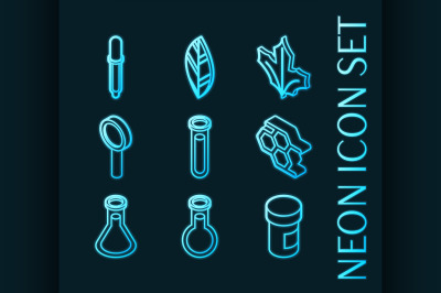 biology set icons. Blue glowing neon style.