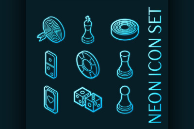 Board game set icons. Blue glowing neon style.