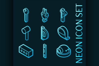 Building set icons. Blue glowing neon style.