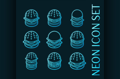 Burgers set icons. Blue glowing neon style