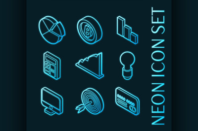 Business set icons. Blue glowing neon style