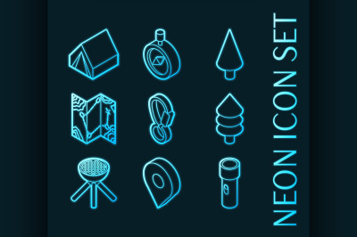 Camp set icons. Blue glowing neon style.