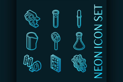 Chemical set icons. Blue glowing neon style