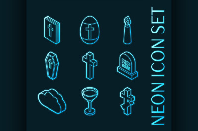 Christianity set icons. Blue glowing neon style