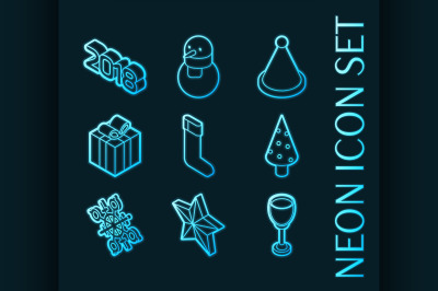 Christmas set icons. Blue glowing neon style