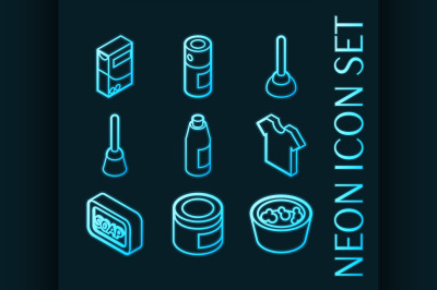 Cleaning set icons. Blue glowing neon style