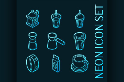 Coffee set icons. Blue glowing neon style