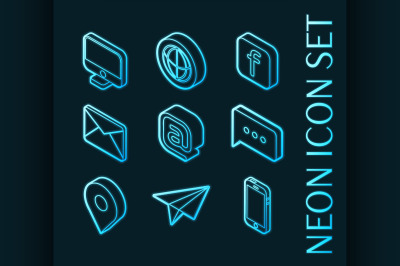 Contact us set icons. Blue glowing neon style