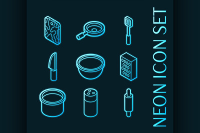 Cooking set icons. Blue glowing neon style