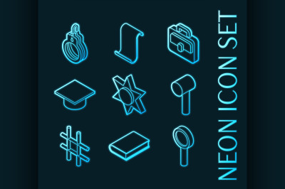 Court set icons. Blue glowing neon style