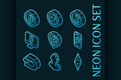 Cryptocurrency set icons. Blue glowing neon style