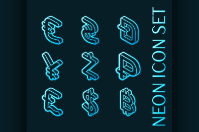 Currency set icons. Blue glowing neon style