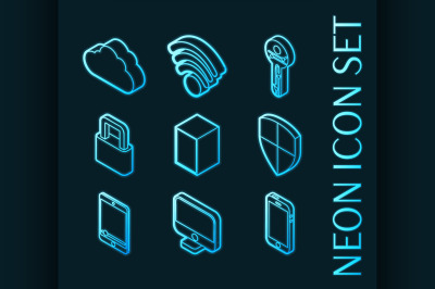 Cybersecurity set icons. Blue glowing neon style