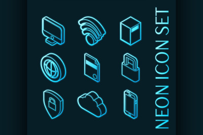 Data center set icons. Blue glowing neon style.