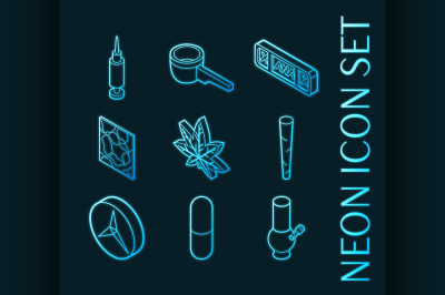 Drugs set icons. Blue glowing neon style