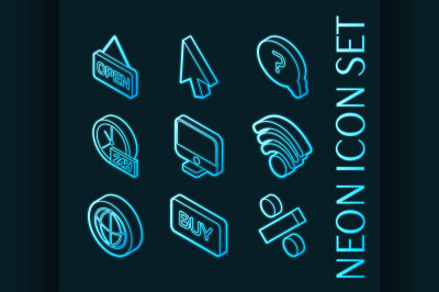 E-commerce set icons. Blue glowing neon style.