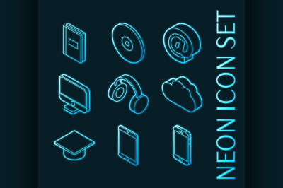 E-education set icons. Blue glowing neon style