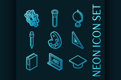 Education set icons. Blue glowing neon style