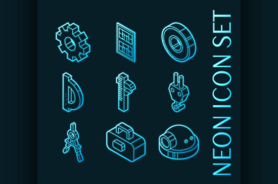 Engineering set icons. Blue glowing neon style