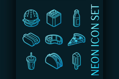 Fast food set icons. Blue glowing neon style
