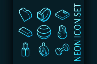 Fitness set icons. Blue glowing neon style