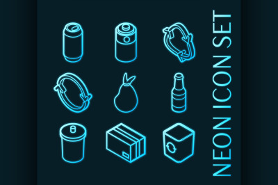 Garbage set icons. Blue glowing neon style