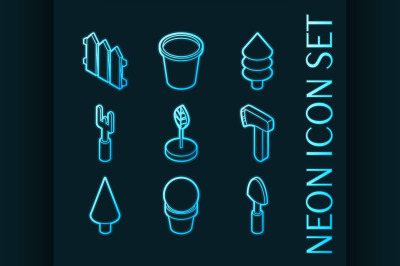 Garden set icons. Blue glowing neon style