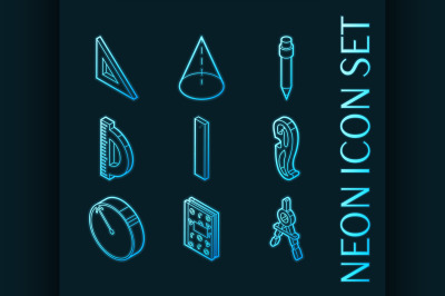 Geometry set icons. Blue glowing neon style