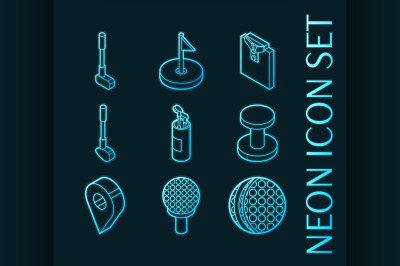 Golf set icons. Blue glowing neon style.