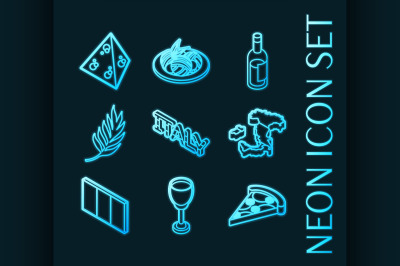 Italy set icons. Blue glowing neon style