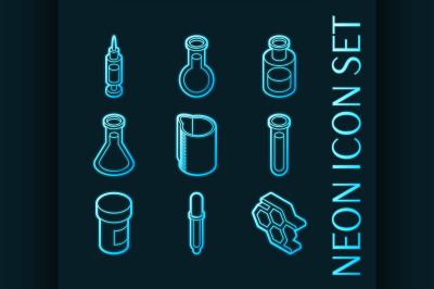 Laboratory set icons. Blue glowing neon style