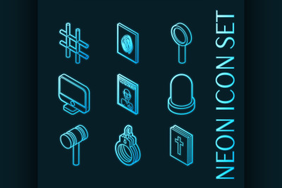 Law set icons. Blue glowing neon style.