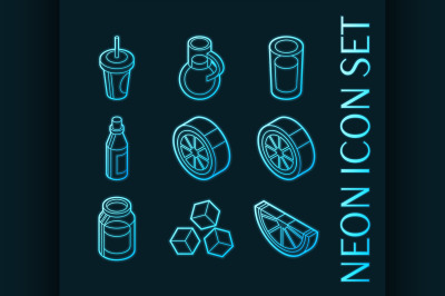 Lemonade set icons. Blue glowing neon style