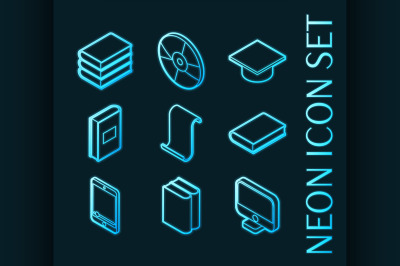 Library set icons. Blue glowing neon style