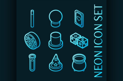 Magic set icons. Blue glowing neon style