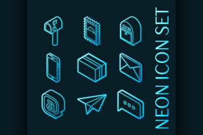 Mail set icons. Blue glowing neon style