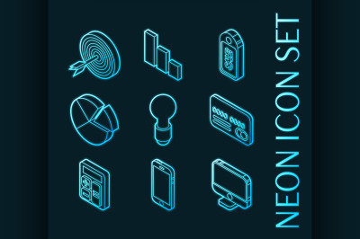 Marketing set icons. Blue glowing neon style