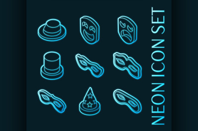 Masquerade set icons. Blue glowing neon style