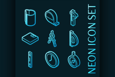 Measuring set icons. Blue glowing neon style.