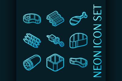 Meat set icons. Blue glowing neon style