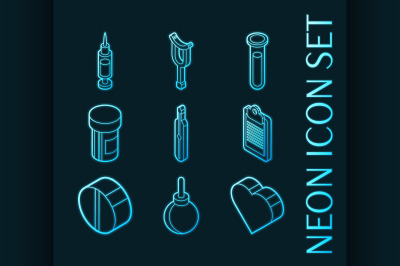 Medical set icons. Blue glowing neon style