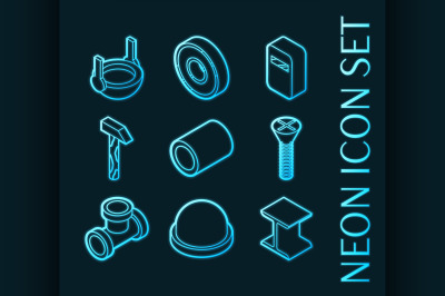 Metallurgy set icons. Blue glowing neon style.