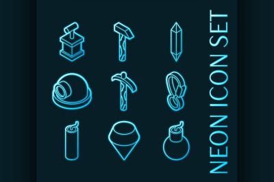 Mining set icons. Blue glowing neon style.