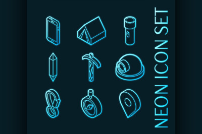 Mountaineering set icons. Blue glowing neon style