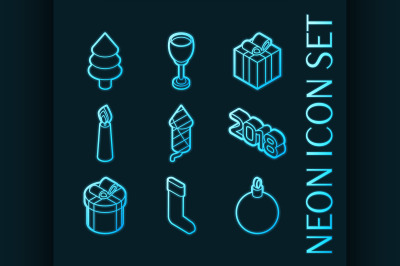 New year set icons. Blue glowing neon style